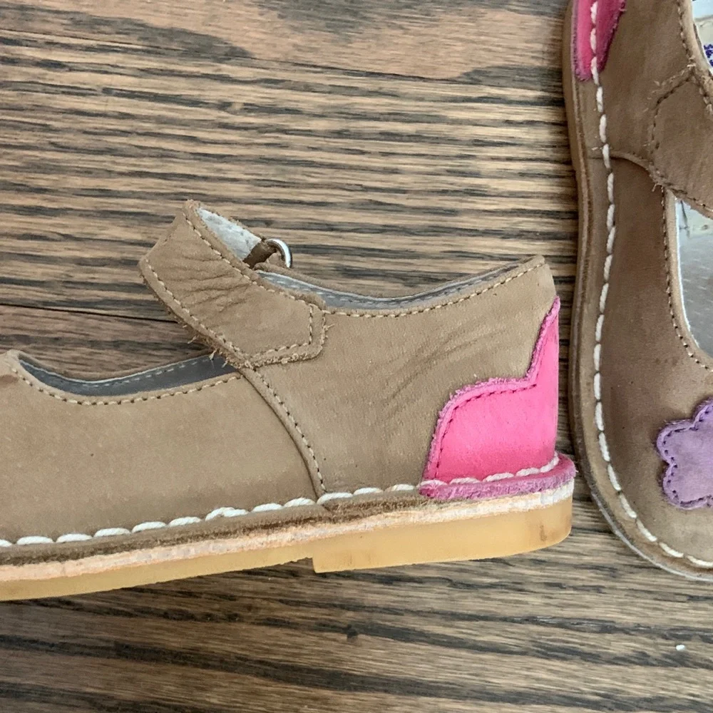 L’Amour Children's Tan Suede Mary Jane Shoes with Purple & Yellow Flowers